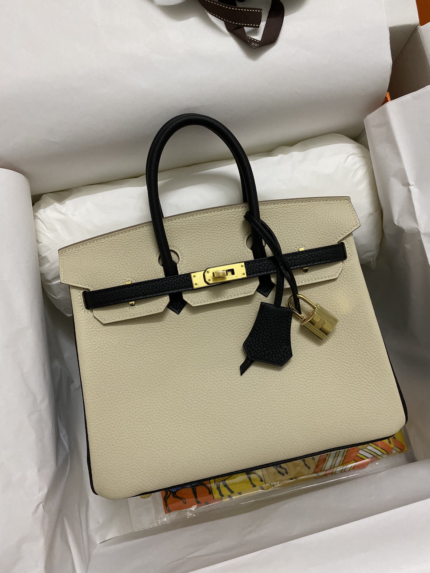 Hermes Birkin 25CM Togo Leather Handbag White Black